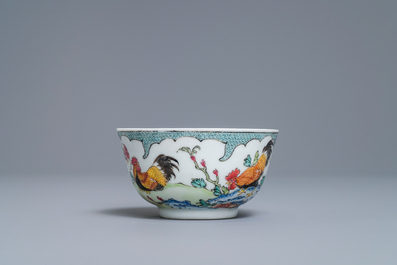 A fine Chinese famille rose eggshell 'rooster' cup and saucer, Yongzheng