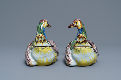 A pair of polychrome Dutch Delft duck-shaped tureens, 18th C.