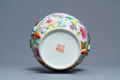 A Chinese famille rose 'millefleurs' landscape vase, Qianlong mark, Republic, 20th C.