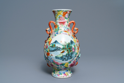 A Chinese famille rose 'millefleurs' landscape vase, Qianlong mark, Republic, 20th C.