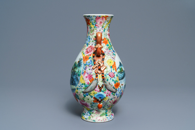 A Chinese famille rose 'millefleurs' landscape vase, Qianlong mark, Republic, 20th C.