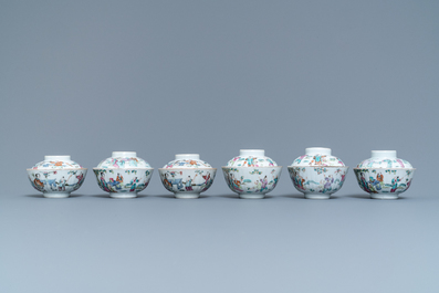 Six Chinese famille rose covered bowls on stands, 19th C.