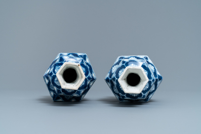 A pair of hexagonal Chinese blue and white vases, Kangxi