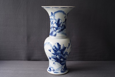 A Chinese blue and white yenyen vase with figures in a landscape, Kangxi