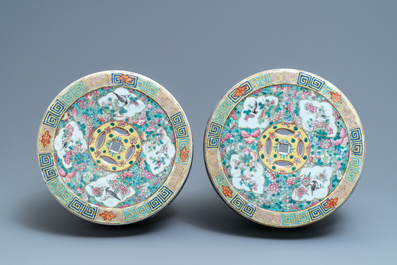 A pair of reticulated Chinese famille rose garden seats, 19th C.