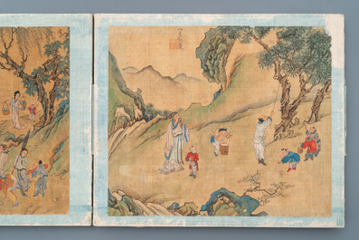 Chinese school, Qing, 19th C.: an album with 20 paintings, ink and color on silk, mounted on board