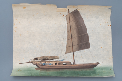 Ten Chinese Canton rice paper paintings of junks, 19th C.