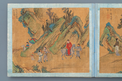 Chinese school, Qing, 19th C.: an album with 20 paintings, ink and color on silk, mounted on board