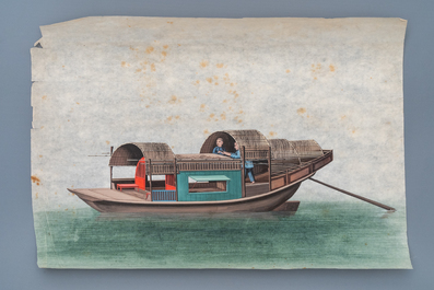 Ten Chinese Canton rice paper paintings of junks, 19th C.