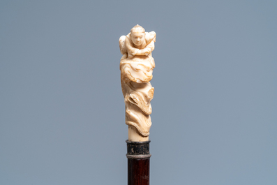 Four Asian coral and ivory-handled canes, 19th C.