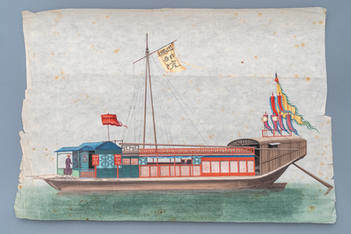 Tien Chinese Canton rijstpapierschilderingen met jonken, 19e eeuw