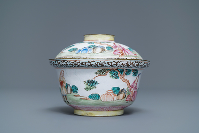 A Chinese Canton enamel 'Europeans' bowl and cover, Qianlong