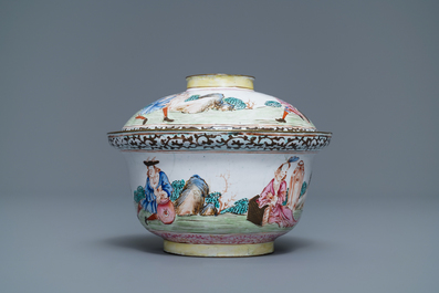 A Chinese Canton enamel 'Europeans' bowl and cover, Qianlong