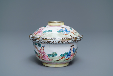 A Chinese Canton enamel 'Europeans' bowl and cover, Qianlong