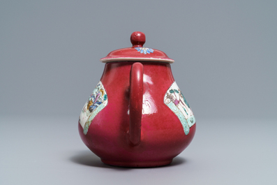 A Chinese famille rose ruby-ground teapot, three cups and two saucers, Yongzheng