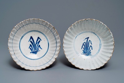 A pair of Dutch Delft blue and white ribbed bowls, 18th C.