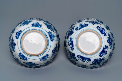 A pair of Dutch Delft blue and white ribbed bowls, 18th C.