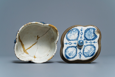 A Dutch Delft blue and white quatrefoil box and bronze-mounted cover, early 18th C.