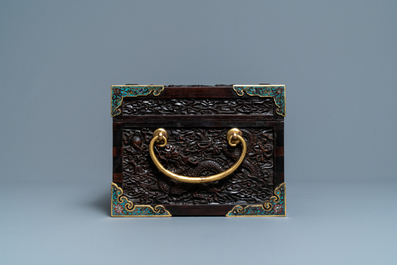 A Chinese cloisonn&eacute;-mounted carved zitan wood and gilt bronze-handled box, Qing