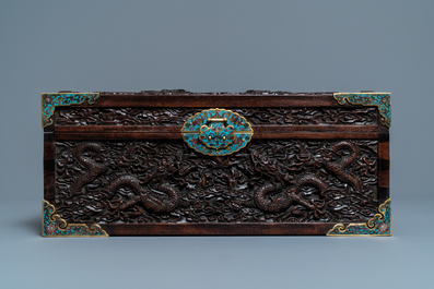 A Chinese cloisonn&eacute;-mounted carved zitan wood and gilt bronze-handled box, Qing
