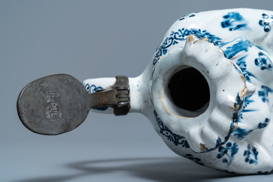 A pewter-mounted blue and white Brussels faience 'Jacqueline' jug, 18th C.