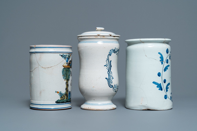 Three blue and white and polychrome French faience albarello-type drug jars, 2nd half 18th C.
