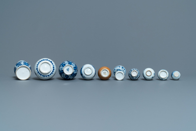 Ten small Chinese blue and white vases, Kangxi