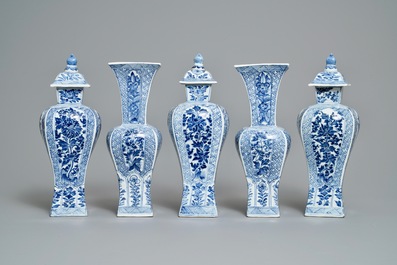 A Chinese blue and white five-piece garniture, Kangxi