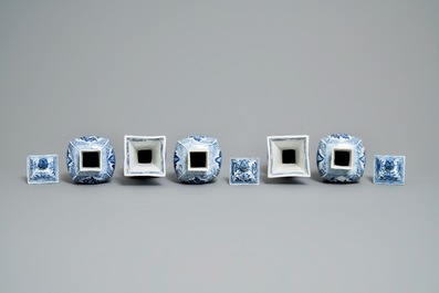 A Chinese blue and white five-piece garniture, Kangxi