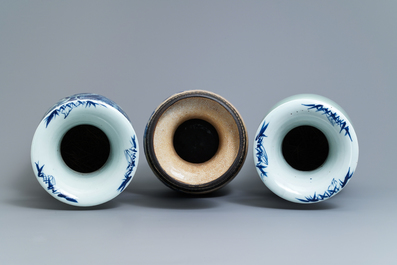 A pair of Chinese blue and white celadon-ground vases and a Nanking crackle-glazed vase, 19th C.