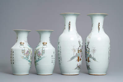 Two pairs of Chinese famille rose vases with ladies in a garden, 19/20th C.