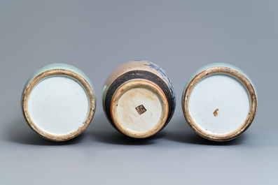 A pair of Chinese blue and white celadon-ground vases and a Nanking crackle-glazed vase, 19th C.