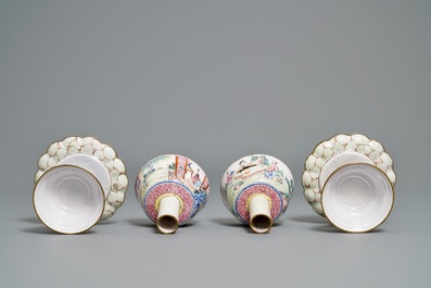 Two Chinese Canton enamel marriage bowls on stands, Yongzheng/Qianlong