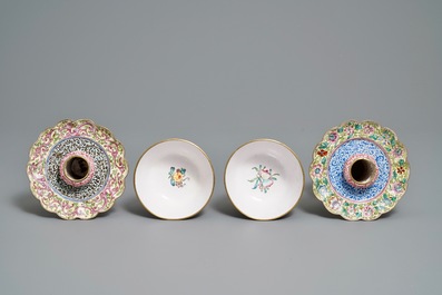 Two Chinese Canton enamel marriage bowls on stands, Yongzheng/Qianlong