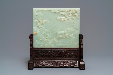 A Chinese carved pale celadon jade and hardwood table screen, 19/20th C.