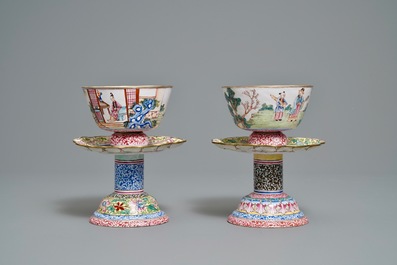 Two Chinese Canton enamel marriage bowls on stands, Yongzheng/Qianlong