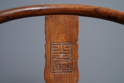 A pair of Chinese huanghuali wood chairs, Republic, 20th C.