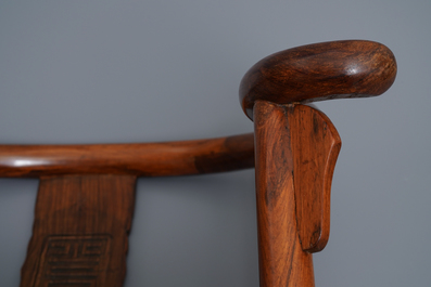 A pair of Chinese huanghuali wood chairs, Republic, 20th C.