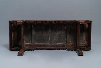 A low Chinese marble-inlaid wooden rectangular table with rounded corners, 19/20th C.