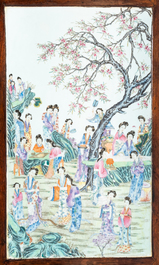 A large Chinese famille rose plaque inset in a wooden table, Republic, 20th C.