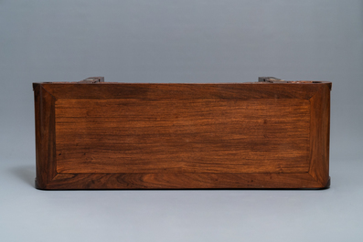 A low Chinese marble-inlaid wooden rectangular table with rounded corners, 19/20th C.