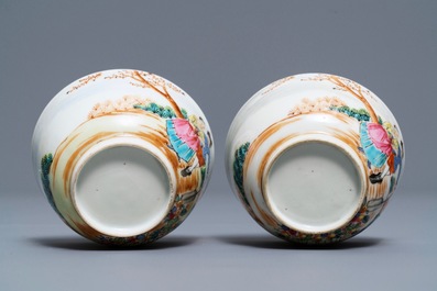 A pair of Chinese famille rose 'European subject' cups and saucers, Qianlong