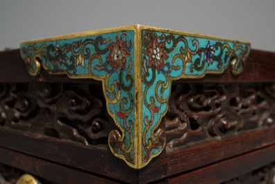 A Chinese cloisonn&eacute;-mounted carved zitan wood and gilt bronze-handled box, Qing