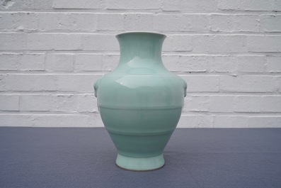 A Chinese monochrome celadon vase, 'hu', Qianlong mark, 19/20th C.