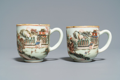 Two pairs of fine Chinese famille rose cups and saucers, Yongzheng/Qianlong