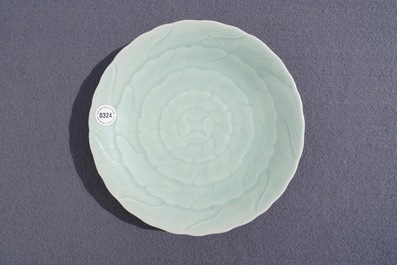 A Chinese celadon chrysanthemum plate, Qianlong mark and of the period