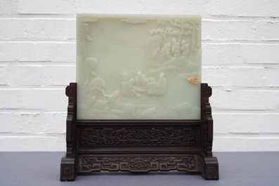 A Chinese carved pale celadon jade and hardwood table screen, 19/20th C.