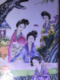 A large Chinese famille rose plaque inset in a wooden table, Republic, 20th C.