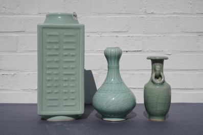 Three Chinese monochrome celadon vases, Yongzheng and Qianlong marks, 19/20th C.