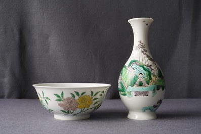 A Chinese famille verte vase and an 'anhua' dragon bowl, Kangxi mark, 19th C.